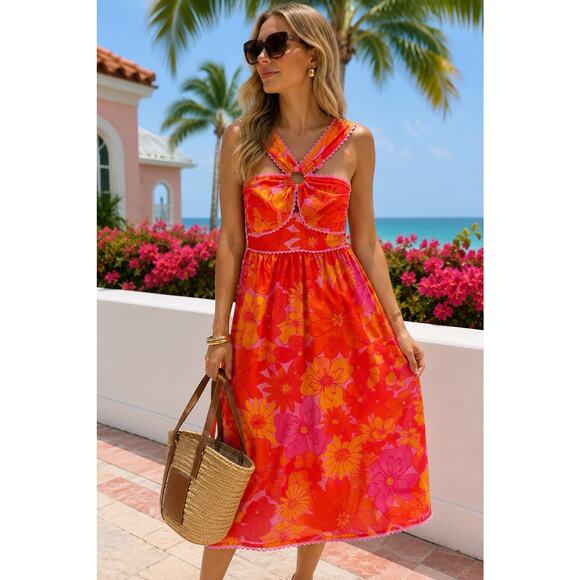 J. Marie Dresses & Skirts - J. MARIE Lizzie Tropical Orange Pink Floral Ric Rac Cross Halter Midi Dress XL